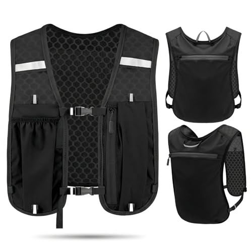 Chaleco de Hidratación para Running, Mochila Trail Ultraligera con Bolsillo para Móvil y Correas Reflectantes, Unisex para Hombre y Mujer, Deportes al Aire Libre (Negro)