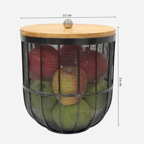 Image of Modern Metal Fruit Basket /Bowl with Lid - Perfect for Fruits, Vegetables, and Home Decor, Durable Design, 22x20cm (Silver (PACK OF 1)) (black, large)