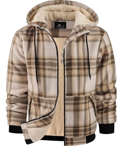 Image of Mens Plaid Hoodies Winter Zip Up Fleece Jacket Sherpa Fleece Lined Warm Flannel Jacket Coat