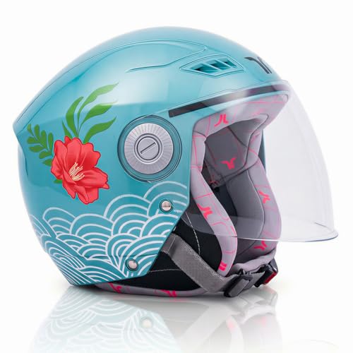 Image of TVARRA Lilt Women's Open Face Helmet for Scooty | Lightweight 750g | Stylish Designer Half Face Helmet with Clear Visor | Designed for Ladies & Girls | ISI Certified (Aqua Blue,S)