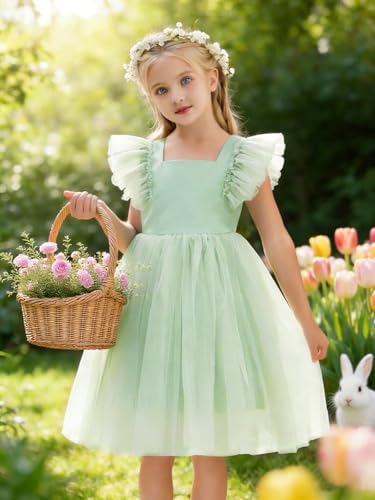 Image of Tutu.kk Toddler Girls Vintage Party Dress Ruffled Sleeve A-Line Tulle Flower Girl Dresses for Wedding,Birthday