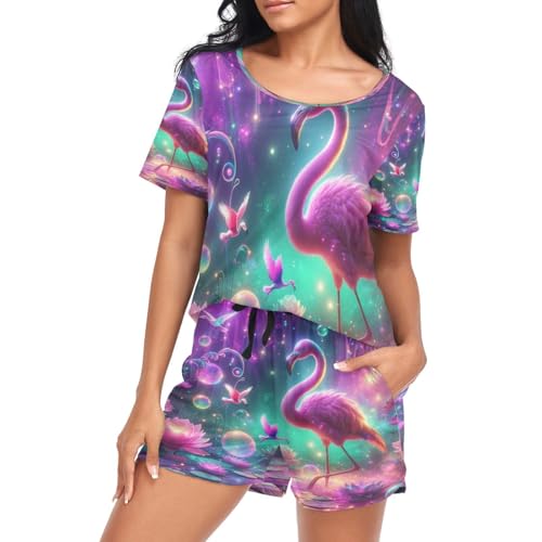 Pyjama flamant rose pour femmes | Ensemble de nuit fleuri taille S