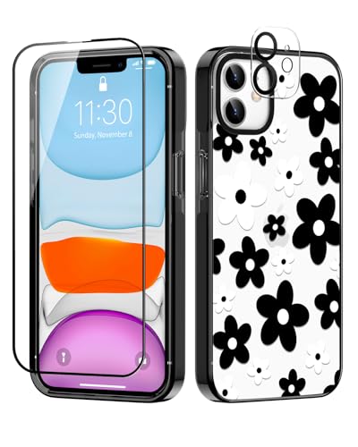 Sholbrak Designed for iPhone 11 Case Cute Black White Flower Floral Shockproof Protective for Women Girls Boy Phone Case Cover 6.1" Screen Protector + Camera Lens Protector【6.6ft Drop Protection】
