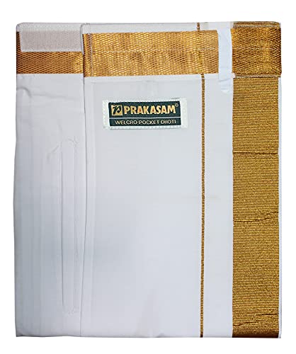 Image of PRAKASAM COTTON Velcro Pocket Dhoti for men, 2 inch Jari Border Mundu, Readymade Dhoti for men, South Indian Veshti