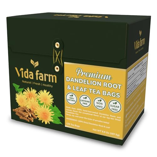 Image of VIDA FARM 125 Dandelion Tea Bags - 100% Natural Dandelion Leaf & Root, Sugar Free, Caffeine Free, Non-GMO - Premium Dandelion Root Herbal Tea, Smooth Taste | 100% Natural Dandelion Leaf & Root, Sugar Free, Caffeine Free, Non-GMO - Premium Dandelion Root Herbal Tea, Smooth Taste