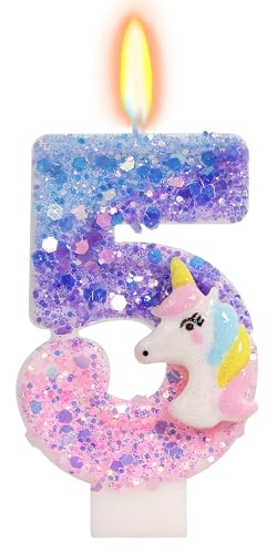 FAMGift Unicorn Candle - Number 5 Candle 5th Birthday Decorations for Girls Colorful Sequins Birthday Candles for Cake Cartoon Unicorn Theme Party Decorations