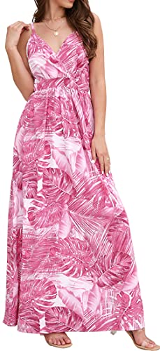 PADOLA Mujeres Verano Boho Casual sin Mangas V Cuello Ajustable Espagueti Correa Maxi Vestido Largo (Rosa, S)