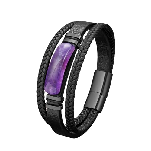 RUTERMY Bracelets Cuir Homme,Bracelet en Cuir pour Homme, Élégant Bracelet en Pierre D'Améthyste Naturelle, Bracelet en Cuir Tressé Multicouche Noir...