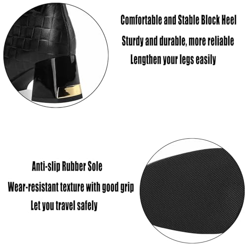 AMAZIDEAL Women's Leather Pointed Toe Chunky High Heels Ankle Boots,Fashion Buckle Strap Side Zipper Block Heeled Non-slip Party Dressy Short Boots4