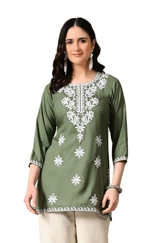 Image of LIBOZA Women's Chikankari Embroidered Short Kurti, Rayon Fabric, Three-Quarter Sleeves, Available in Pink, Black, Mustard Yellow, White, Pista and Green
