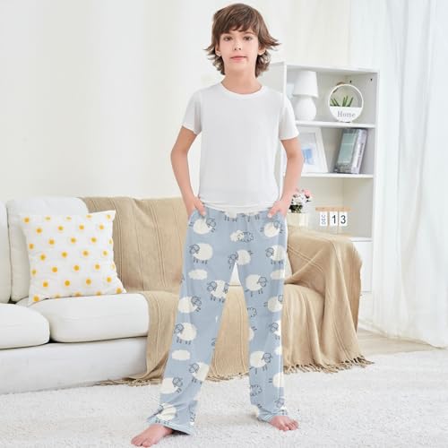Boy's Pj Pants Cute Cartoon Sheep Grey Blue Lounge Bottoms Elastic Kids Sweatpants Joggers with Pockets Size 6-14 5