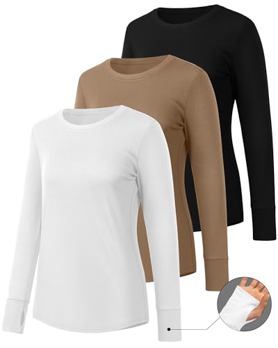 Huukeay 3 Pack Women's Long Sleeve Shirts with Thumb Holes, Cotton Casual Crew Neck Tunic Tops Fall Loose Y2k Trendy Outfits(Black, White, Khaki,Large)