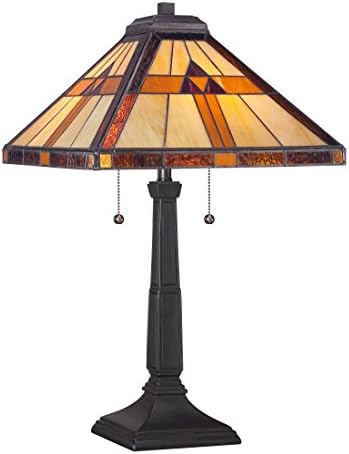 Quoizel Bryant 2-Light Vintage Bronze Table Lamp, Handcrafted Tiffany Style Art Glass Desk Lamp, Elegant Bronze Finish Vintage Lamp, Traditional Reading Lamp for Living & Bedroom