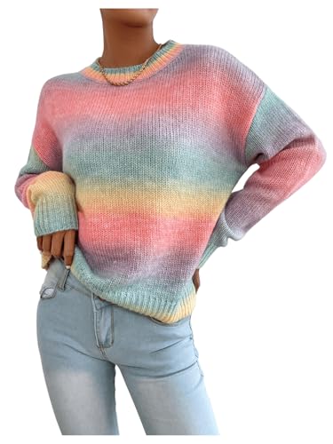 Image of GORGLITTER Women's Rainbow Colorful Sweater Crewneck Long Sleeve Lightweight Pullover Sweater Top Pink Rainbow Medium
