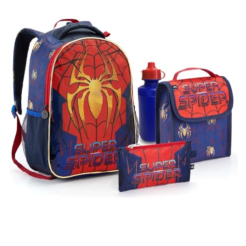 Mochila Escolar Infantil Aranha Spider Kit Estojo Lancheira Garrafinha e Chaveiro Masculino Menino Seanite