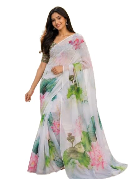 Women's Georgette Floral Printed Saree with Lotus Flower Design, Soft Lightweight Transparent Saree, Elegant Party Saree for Women, Wedding Festive Traditional Ethnic Wear-picture-23