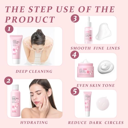 Sakura Ensemble De Soins De La Peau,Coffret Cadeau Femme Soins pour le Visage,Kit de Soins de Peau Hydratants,Coffret Cadeau pour Hydratation et Nettoyage de Peau,Convient à Tous Types de Peau(5-Set) – Image 5