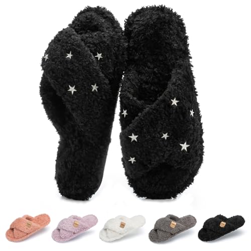 Image of GOEWY Fuzzy Open Toe Slippers for Women Cozy Memory Foam House Shoes Indoor
