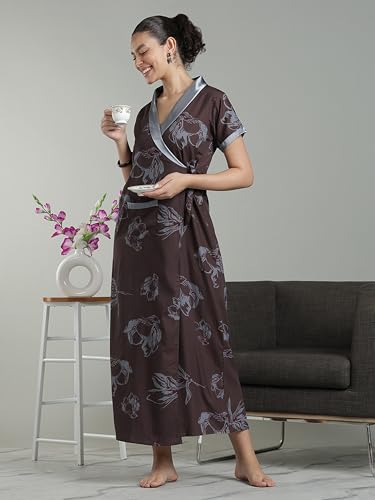 Image of 9shines Label Stylish Cotton Nighty Robe for Women | Front Open Floral Housecoat | Wrap Nighty with Pocket | Adjustable Waist Tie | Plus Size housecoat (HC-2026)