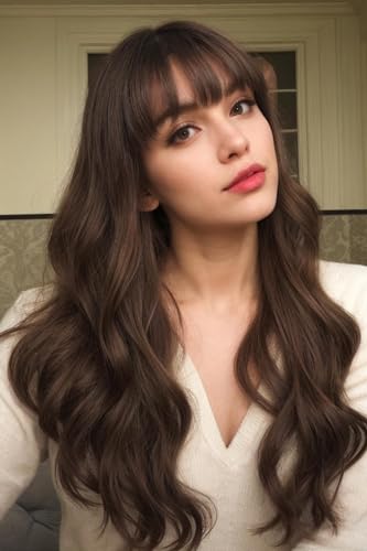 PORSMEER Pelucas largas onduladas de color marrón oscuro con flequillo para mujeres, peluca de pelo sintético natural de 66 cm para carnaval