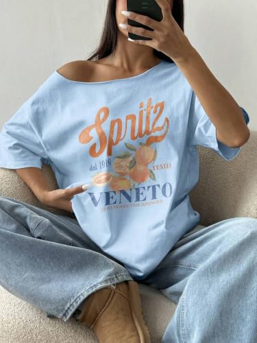 Image of SXV STYLE Women Summer Loose Asymmetrical Neck Cocktail Fruit Orange Y2K Graphic Oversized T-Shirt