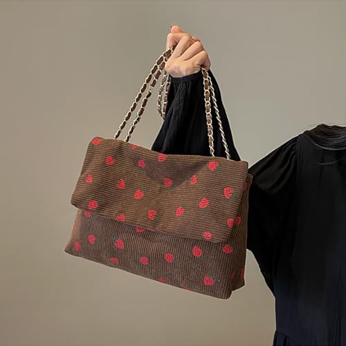 Bolso tote de felpa con diseño de fresa para mujer, bolso cruzado estético y moderno con cadena miniatura 4