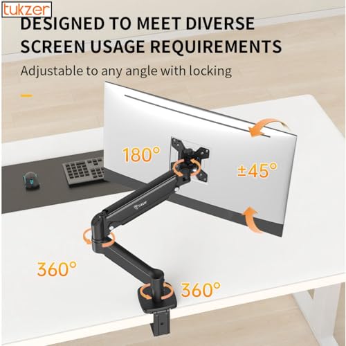 Image of Tukzer Single Gas Spring Monitor Arm, Computer Screen Monitors Stand /Desk Mount (13 inch-32 inch) with C-Clamp & Grommet Mounting Base,Full Motion Tilt /Swivel /Rotation /Aluminium Build,VESA 75x75 & 100x100 mm