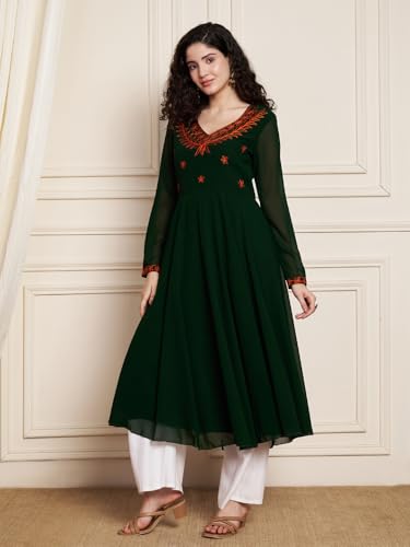 Image of Poshak Hub Women Green Ethnic Motifs Aari Work Georgette Anarkali Kurta