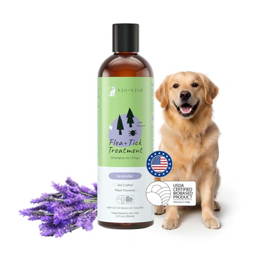 kin+kind Dog Shampoo Flea and Tick Vet Formulated - Natural Flea and Tick Prevention for Dogs - Plant Powered Shampoo w/Coconut & Olive Oil - Dog Supplies - Lavender Scent - Made in USA 12 fl oz