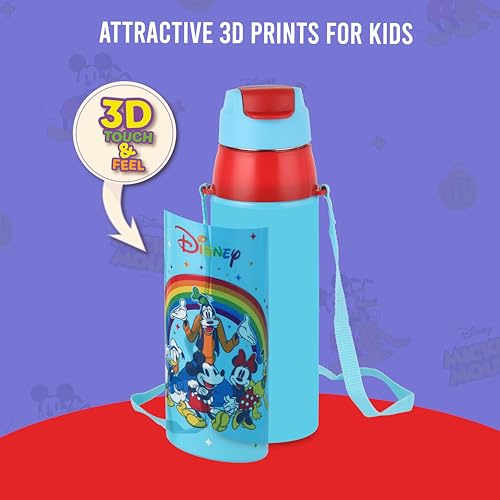 Image of CELLO Kidzbee Era 600 Insulated Kids Water Bottle 520 ml, Light Blue | 3D Touch & Feel Mickey Family Design One Hand Grip Lightweight Leakproof Easy Sip Flip Cap Insulated Water Bottle For School Kids