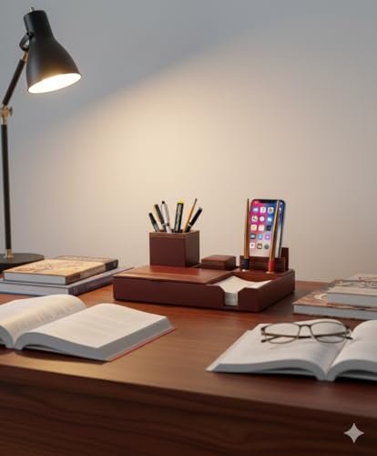 Image of LUVYANSH Genuine Leather Multipurpose Desk Organizer Stylish Pen Stand With Mobile Cum Remote Stand With Memo Pad Holder Office Table Organizer Desktop Stationery Supplies 7 Compartments (Brown)