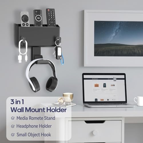 Image of Kytok Adhesive Remote Control Holder Wall Mount with Headset Hanger, 3 in 1 Organizer TV /Fan Remote Caddy with Hook for Headphone, No Drill Controller Storage Bracket, Bed Wall Rack
