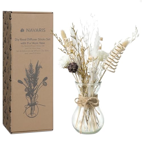 Navaris Set Difusor de Aromas - Ambientador para Aceites Esenciales con Jarrón de Cristal y Variedad de Varillas - Ambientadores para Casa Baño Oficina Habitacion y Aromaterapia