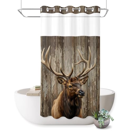 No Hook Shower Curtain,Brown Elk Waterproof Fabric Shower Curtains for Bathroom,Farmhouse Animals Lodge Cabin Vintage Bathroom Curtain with Mesh Top Window for Home Hotel Bathtub,Small Stall 36"x72"