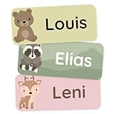 Klebekerlchen® Namensaufkleber für Kinder (60 Stück), Kleidung & Gegenstände Namensschilder personalisiert und waschmaschinenfest, Schule und Kindergarten - Waldtiere