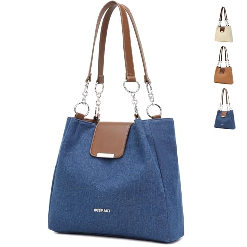Image of BESMART Denim Tote Bag for Women, Retro Canvas Shoulder Bags with Circle Chain and PU Leather