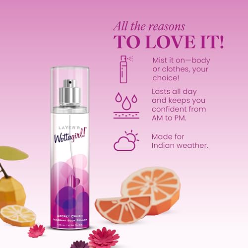 Image of Layer'r Wottagirl Secret Crush Body Splash for Women 135ml | Long-lasting body splash with mandarin, pineapple & vanilla notes. Fruity fragrance for everyday freshness and wear.