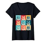 Photo Gallery donna maine coon pop art gatto colorato retro graphic maglietta con collo a v Photo Gallery donna maine coon pop art gatto colorato retro graphic maglietta con collo a v