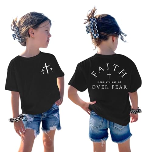 Image of Girl's Faith Over Fear Shirt Christian Bible Verse Shirts Cross Graphic Tees for Tween Girls Kid Inspirational Tops