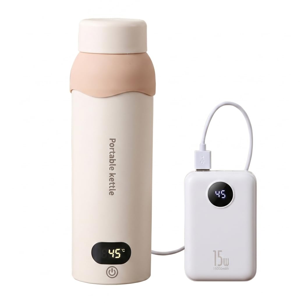 Bouilloire électrique portative Blanche de Voyage de 500ml, 6 réglages température Double Alimentation USB-C/220v, Bouilloire en Acier Inoxydable 304 Maintien au Chaud 12h