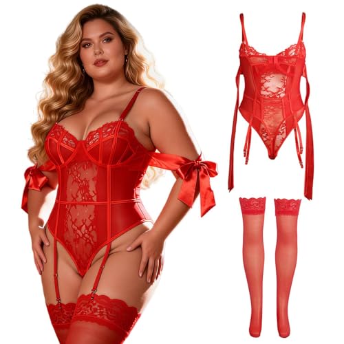Body femme rouge en dentelle raffinée avec ses bas autofixants de créateur