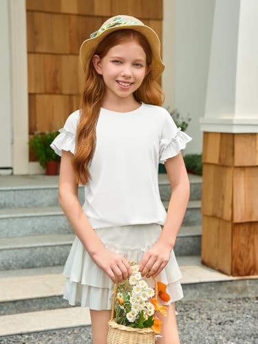 Image of Haloumoning Girls Ruffle Short Sleeve T Shirts Crewneck Tops 5-14 Years | Summer, Cute Tees Blouse, Casual, Solid Color, Loose Fit