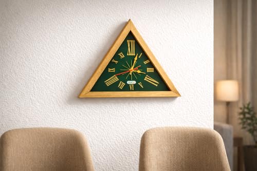 Image of Vastu Compliant Triangle Wall Clock | Modern Wooden Wall Clock for Living Room, Office & Home Decor - Natural Wood