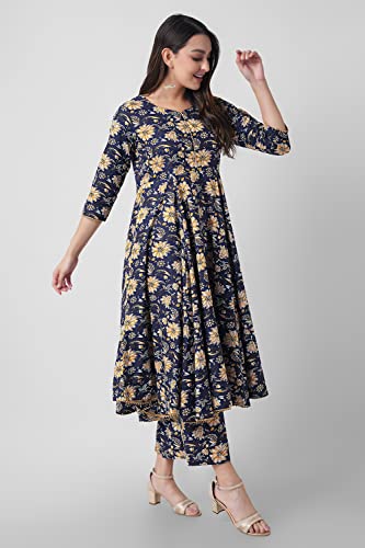 Image of Arayna Women's Cotton Printed Anarkali Kurti with Palazzo Pants Set