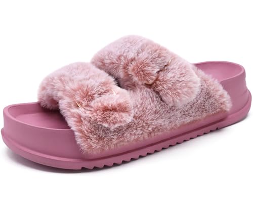 Image of KuaiLu Women's Fluff Slippers Plantar Fasciitis Arch Support Platform Slippers Ladies Fashion Open Toe Faux Fur Sliders Womens House Slipper Size 6-12