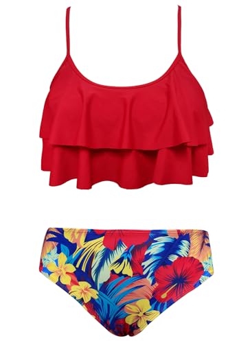 Image of SHEKINI Girls Floral Print Bathing Suits Ruffle Flounce Two Piece Swimsuits | Girls Bikini,Girls Bathing Suit,Swimsuits for Kids,Kids Bikini,Girls 2 Piece Swimsuit,Summer Hawaii Beach Swimwear,6-12 Years