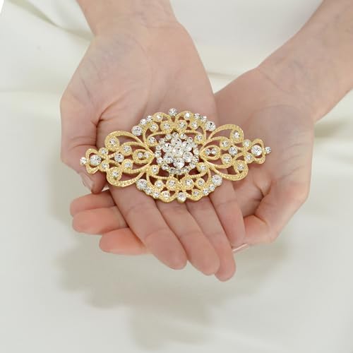 Image of Mariell Vintage Bridal Crystal Brooch Pin, 4 inch Wide, Gold Wedding Pin, Rhinestone Brooch for Brides and Wedding, Art Deco Fashion Accessory