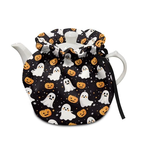 Image of Ghost Pumpkin Teapot Dust Cover, Portable Premium Fabric Tea Cosy with Drawstring Breakfast Warmer Insulation and Keep Warm, Kitchen Thanksgiving Decor