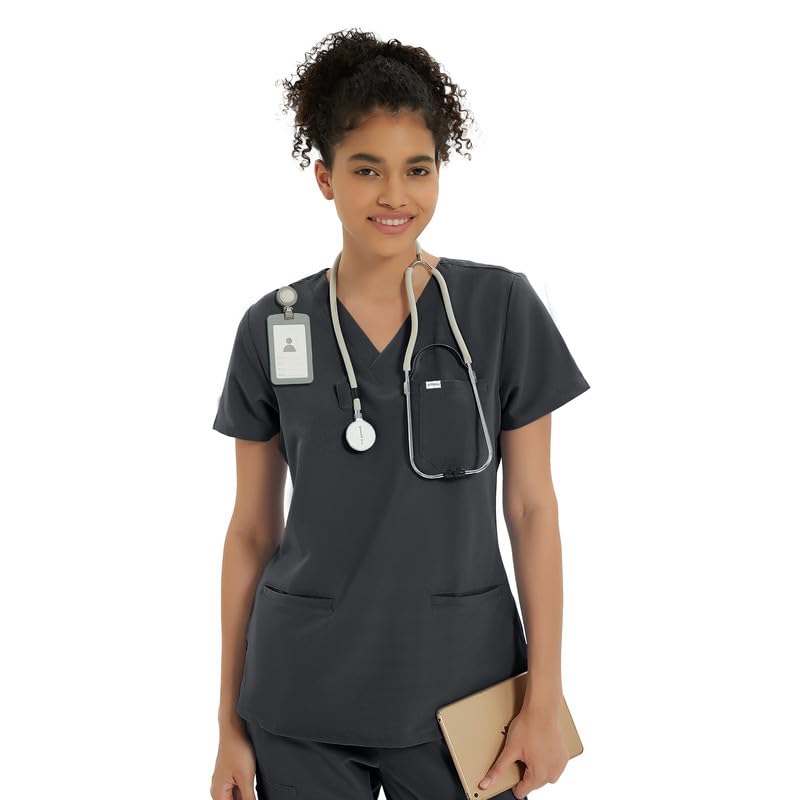 Kitmaz Uniforme Médico para Mujeres - Camisas Elásticas Suaves con Escote en V y 3 Bolsillos,(Gris Oscuro,L)