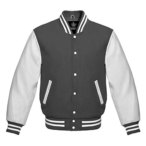 Varsity Baseball Letterman Bomber School Dark Grey Wool & Genuine White Leather Sleeves Jacket